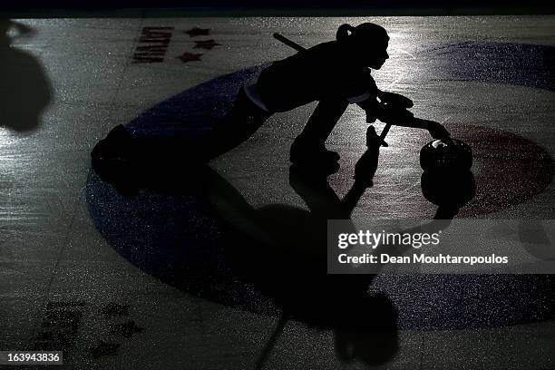 Stella Heiss of Germany throws the stone in the match between Japan and Germany during Day 3 of the Titlis Glacier Mountain World Women's Curling...