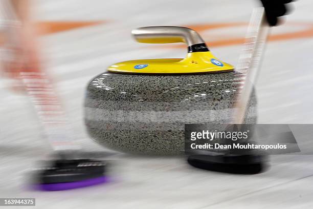 Detailed view of the stone as athletes sweep during Day 3 of the Titlis Glacier Mountain World Women's Curling Championship at the Volvo Sports...