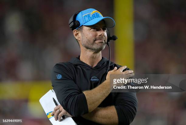 Head coach Brandon Staley of the Los Angeles Chargers looks on from the sidelines against the San Francisco 49ers during the third quarter of a...