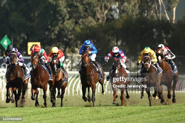 Nash Rawiller riding Tom Kitten wins Race 7 CMNL Up and Coming Stakes during "ClubsNSW West Metro San Domenico Stakes Day" - Sydney Racing at...