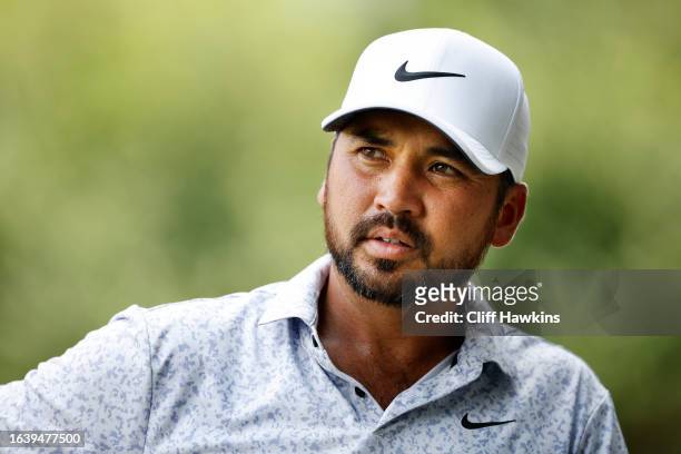 Jason Day of Australia looks on from the practice green during the second round of the TOUR Championship at East Lake Golf Club on August 25, 2023 in...