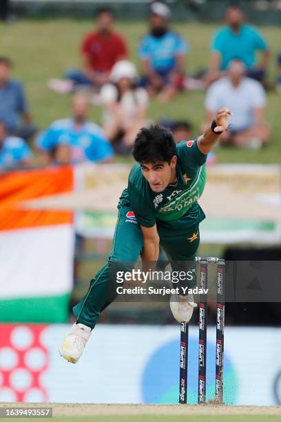 Naseem Shah of Pakistan bowls during the Asia Cup Group A match between India and Pakistan at Pallekele International Cricket Stadium on September 2,...
