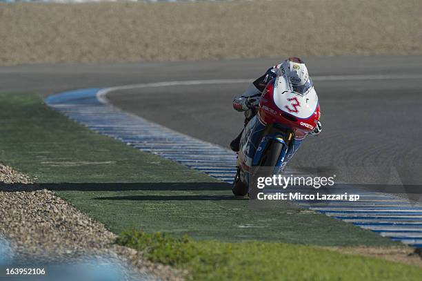 Matteo Ferrari of Italy and Ongetta-Centro Seta heads down a straight during the Moto2 and Moto3 Tests In Jerez - Day 1 at Circuito de Jerez on March...