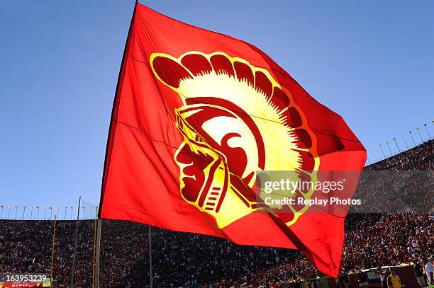 View of a USC flag during a game between the Hawaii Warriors and the USC Trojans at Los Angeles Coliseum on September 1, 2012 in Los Angeles,...