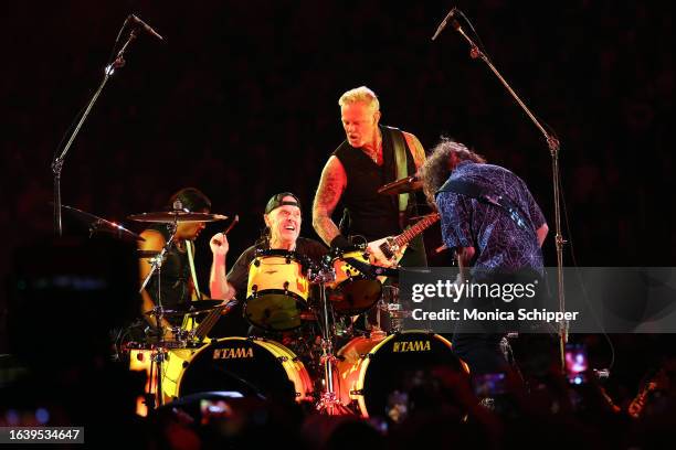 Robert Trujillo, Lars Ulrich, James Hetfield, and Kirk Hammett of Metallica perform onstage at SoFi Stadium on August 25, 2023 in Inglewood,...