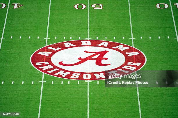 General view of the Alabama logo at midfield during a game between the Western Kentucky Hilltoppers and the Alabama Crimson Tide on September 8, 2012...