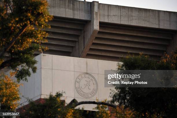 View of the Alabama logo at Bryant-Denny Stadium on campus of the University of Alabama on September 7, 2012 in Tuscaloosa, Alabama.