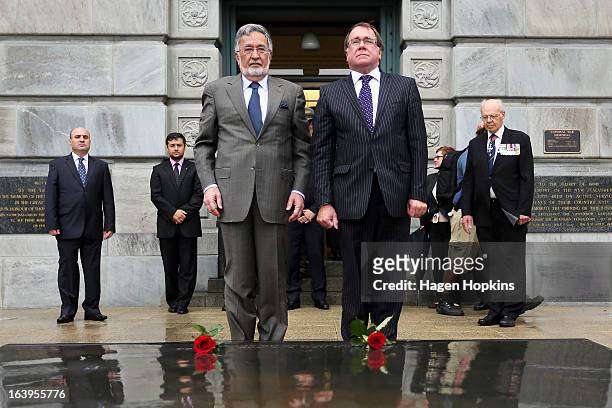 Afghan Foreign Minister Dr Zalmai Rassoul and New Zealand Foreign Affairs Minister Murray McCully lay roses on the Tomb of the Unknown Warrior during...