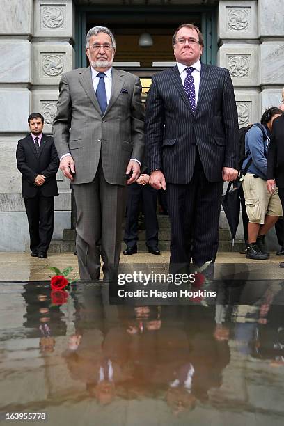 Afghan Foreign Minister Dr Zalmai Rassoul and New Zealand Foreign Affairs Minister Murray McCully lay roses on the Tomb of the Unknown Warrior during...