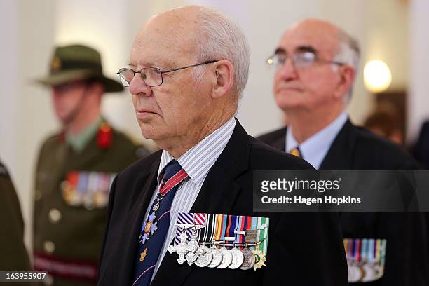 Retired Air Vice-Marshal RNZAF Robin Klitscher looks on during a wreath-laying ceremony to acknowledge both Afghan and New Zealand losses in...