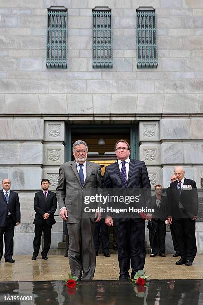 Afghan Foreign Minister Dr Zalmai Rassoul and New Zealand Foreign Affairs Minister Murray McCully lay roses on the Tomb of the Unknown Warrior during...