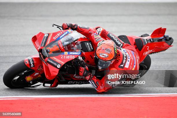 Ducati Italian rider Francesco Bagnaia rides during the third MotoGP free practice session of the Moto Grand Prix of Catalonia at the Circuit de...