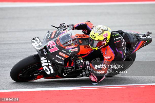 Aprilia Spanish rider Aleix Espargaro rides during the third MotoGP free practice session of the Moto Grand Prix of Catalonia at the Circuit de...