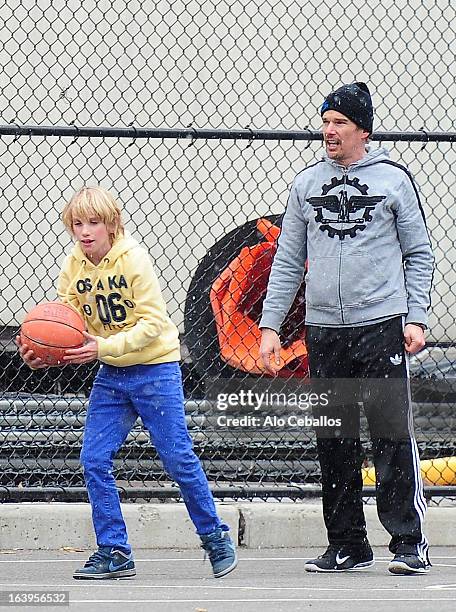 Ethan Hawke and Levon Roan Thurman-Hawke are seen in the Meat Packing District on March 18, 2013 in New York City.