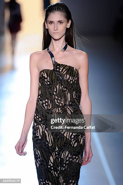 Daiane Conterato walks the runway during the Animale show during Sao Paulo Fashion Week Summer 2013/2014 on March 18, 2013 in Sao Paulo, Brazil.