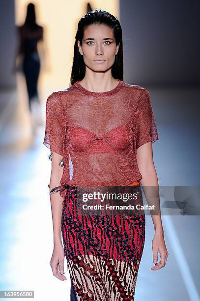 Model walks the runway during the Animale show during Sao Paulo Fashion Week Summer 2013/2014 on March 18, 2013 in Sao Paulo, Brazil.