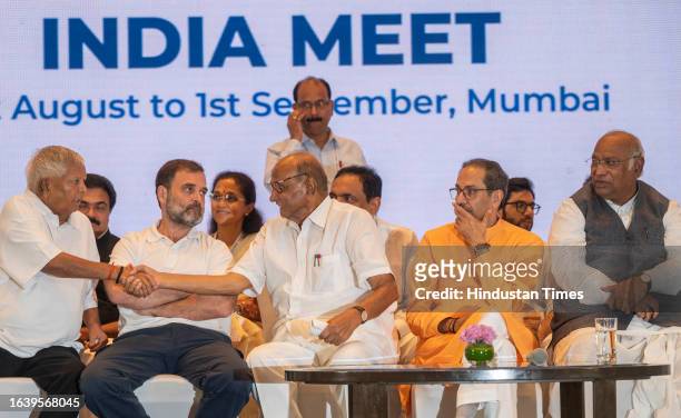 Congress President Mallikarjun Kharge and party leader Rahul Gandhi, NCP chief Sharad Pawar, Shiv Sena chief Uddhav Thackeray, Bihar CM Nitish Kumar,...