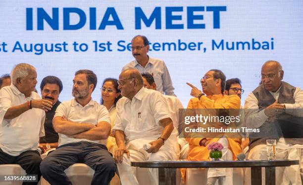 Congress President Mallikarjun Kharge and party leader Rahul Gandhi, NCP chief Sharad Pawar, Shiv Sena chief Uddhav Thackeray, Bihar CM Nitish Kumar,...