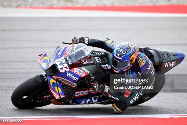 Aprilia Portuguese rider Miguel Oliveira rides during the third MotoGP free practice session of the Moto Grand Prix of Catalonia at the Circuit de...