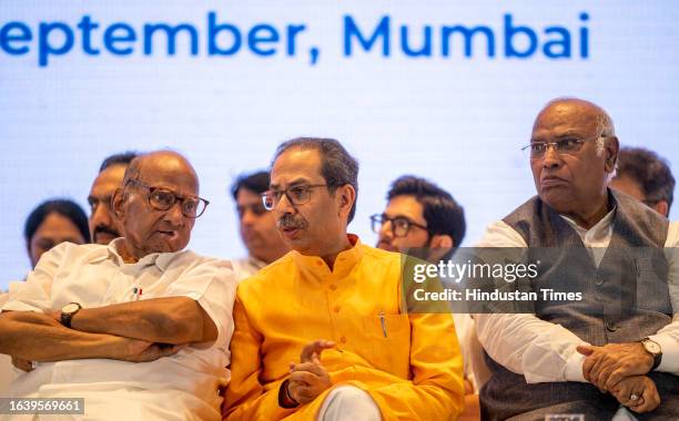 Congress President Mallikarjun Kharge and NCP chief Sharad Pawar, Shiv Sena chief Uddhav Thackeray, and other opposition leaders during the Indian...