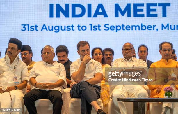 Congress president Mallikarjun Kharge, party leader Rahul Gandhi, Nationalist Congress Party chief Sharad Pawar, Rashtriya Janata Dal chief Lalu...