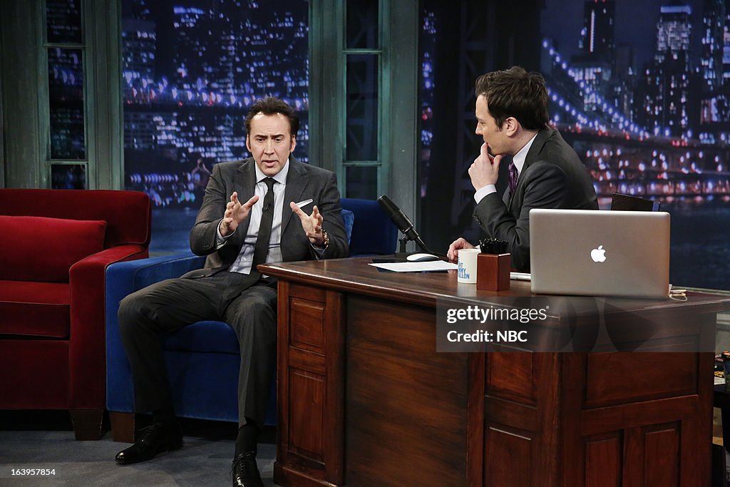 Jimmy Fallon Roles Nicolas Cage with host Jimmy Fallon during an interview on March 18 ...