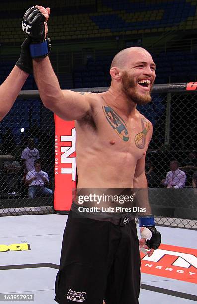 Marcio "Pedra" Santos reacts after defeating Daniel "Gelo" Oliveira in their elimination fight during filming of season two of The Ultimate Fighter...