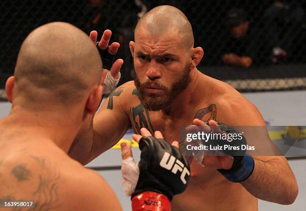 Marcio "Pedra" Santos faces off with Daniel "Gelo" Oliveira in their elimination fight during filming of season two of The Ultimate Fighter Brazil on...