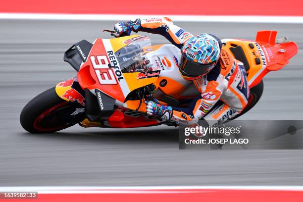 Honda Spanish rider Marc Marquez rides during the third MotoGP free practice session of the Moto Grand Prix of Catalonia at the Circuit de Catalunya...