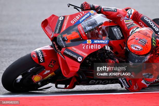 Ducati Italian rider Francesco Bagnaia rides during the third MotoGP free practice session of the Moto Grand Prix of Catalonia at the Circuit de...