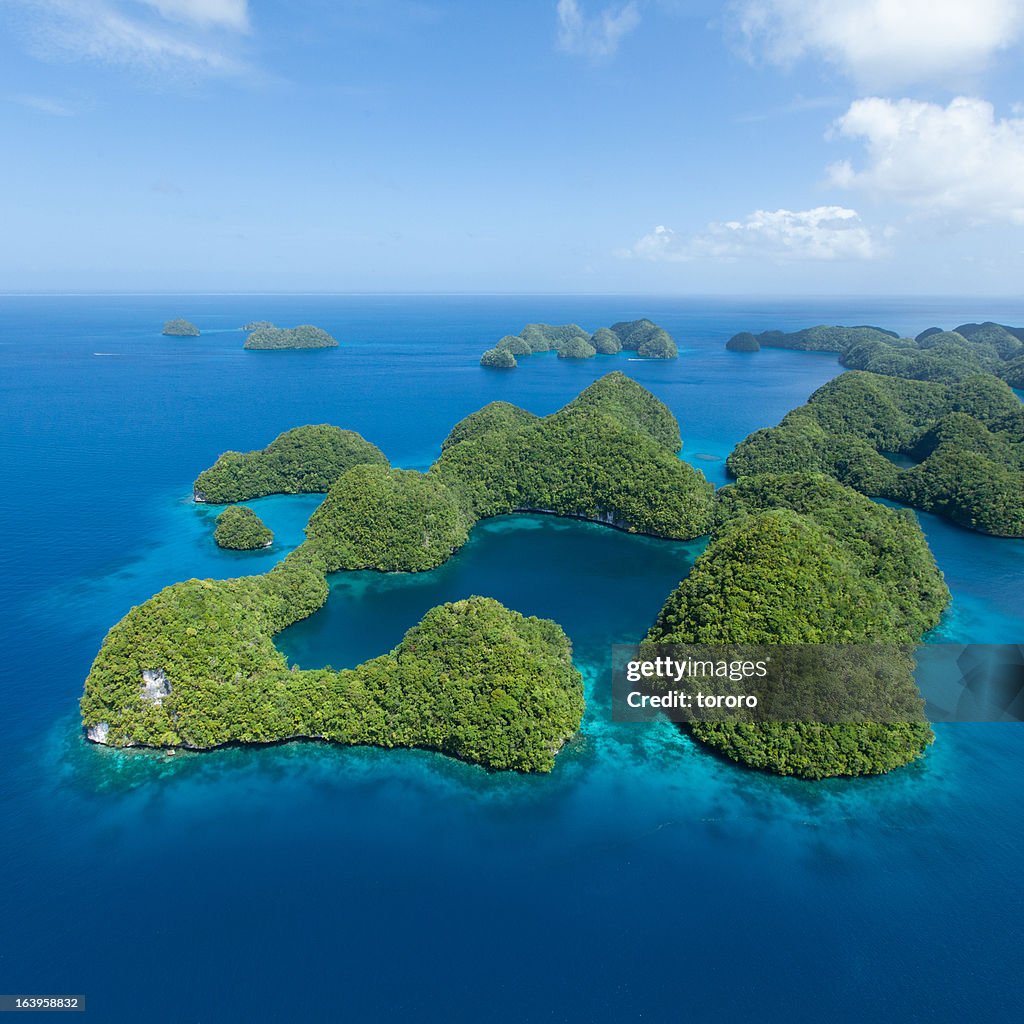 Tropical lagoon and rock islands from above, Palau