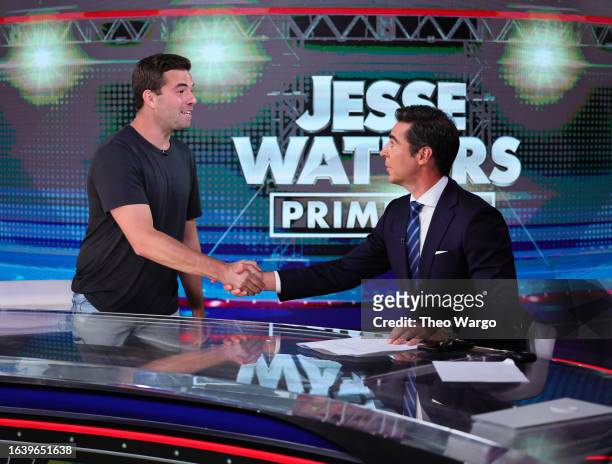 Billy McFarland and Jesse Watters speak during "Jesse Watters Primetime" at Fox News Studios on August 25, 2023 in New York City.