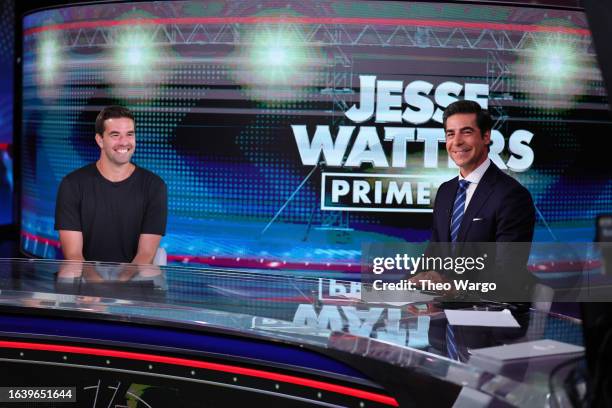 Billy McFarland and Jesse Watters speak during "Jesse Watters Primetime" at Fox News Studios on August 25, 2023 in New York City.