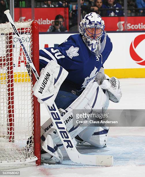 Ben Scrivens of the Toronto Maple Leafs watches for a shot in a game against the Winnipeg Jets on March 16, 2013 at the Air Canada Centre in Toronto,...