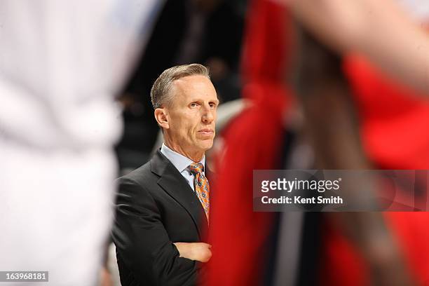Mike Dunlap, Coach of the Charlotte Bobcats during the game against the Washington Wizards at the Time Warner Cable Arena on March 18, 2013 in...