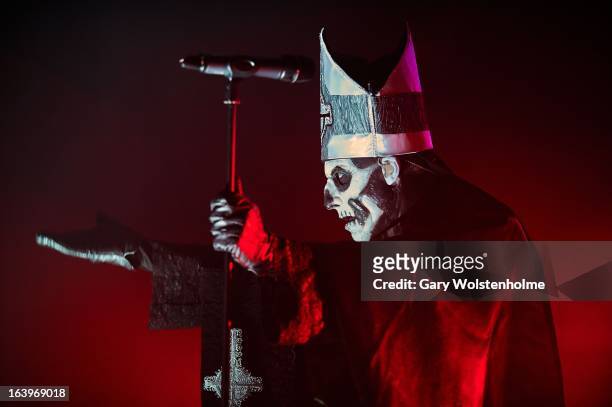 Papa Emeritus II of Ghost B.C. Performs on stage at Jagermeister Music Tour 2013 at the Academy on March 18, 2013 in Sheffield, England.