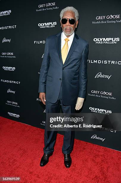 Actor Morgan Freeman arrives at the premiere of FilmDistrict's "Olympus Has Fallen" at ArcLight Cinemas Cinerama Dome on March 18, 2013 in Hollywood,...