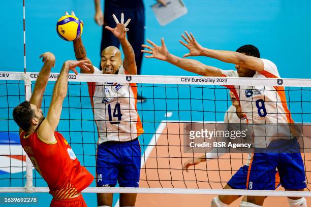 Nimir Abdel-Aziz of the Netherlands and Fabian Plak form a block during the CEV EuroVolley 2023 match between Montenegro and Netherlands at Sports...