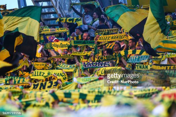 Nantes supporters during the Ligue 1 Uber Eats match between FC Nantes and Olympique de Marseille - Ligue 1 Uber Eats at Stade de la Beaujoire, in...