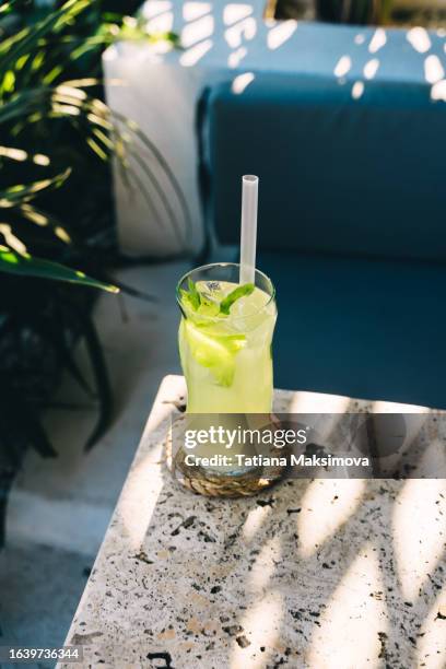 mojito cocktail on the table in summer outdoor cafe. sunset light. - menthe fraîche culinaire photos et images de collection