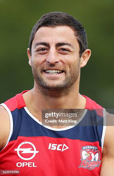 Anthony Minichiello looks on during a Sydney Roosters NRL training session at Moore Park on March 19, 2013 in Sydney, Australia.