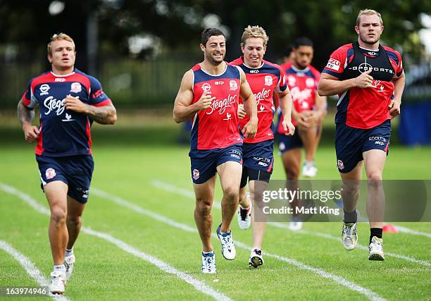 Anthony Minichiello warms up during a Sydney Roosters NRL training session at Moore Park on March 19, 2013 in Sydney, Australia.