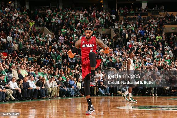 LeBron James of the Miami Heat celebrates after making a go-ahead shot late in the fourth quarter against the Boston Celtics on March 18, 2013 at TD...