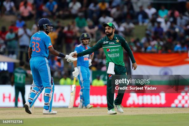 Hardik Pandya of India and Shadab Khan of Pakistan during the Asia Cup Group A match between India and Pakistan at Pallekele International Cricket...