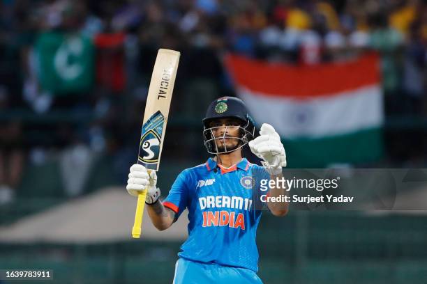 Ishan Kishan of India celebrates after scoring a fifty during the Asia Cup Group A match between India and Pakistan at Pallekele International...