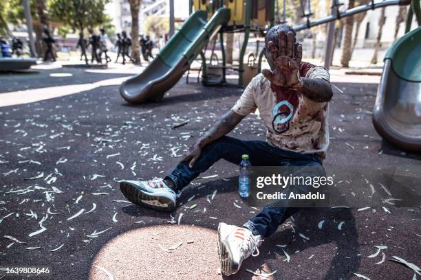 An Eritrean protestor is covered in blood as Eritrean asylum seekers clash with the Israeli police in Tel Aviv, Israel on September 02, 2023....