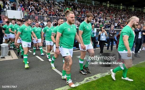 Tours , France - 2 September 2023; Finlay Bealham, Iain Henderson and Jeremy Loughman walk out for an Ireland rugby open training session at Stade...
