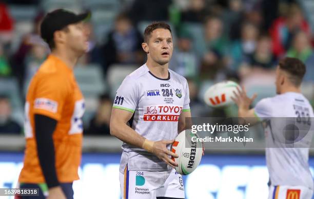 Jarrod Croker of the Raiders warms up before the round 26 NRL match between Canberra Raiders and Brisbane Broncos at GIO Stadium on August 26, 2023...