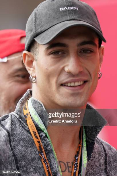 Italian singer Damiano David arrives at the paddock ahead of the F1 Grand Prix of Italy at Autodromo Nazionale Monza on September 02, 2023 in Monza,...