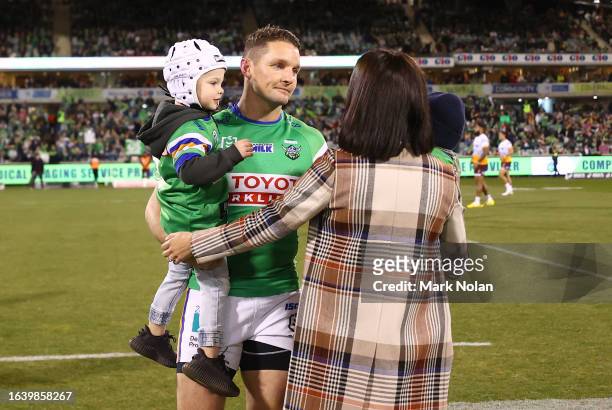 Jarrod Croker of the Raiders is pictured with his family before the round 26 NRL match between Canberra Raiders and Brisbane Broncos at GIO Stadium...